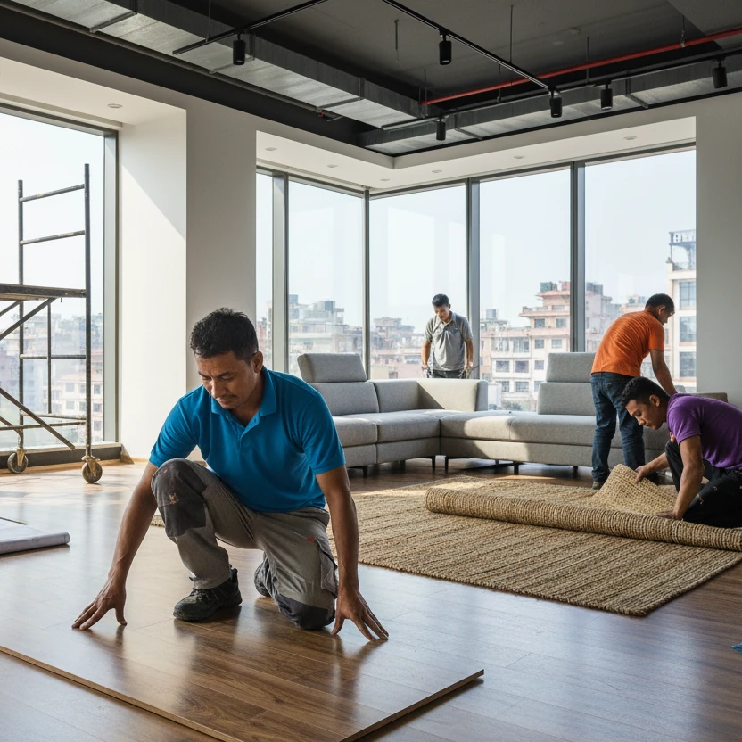 Employees completing furnishing and flooring in top floor