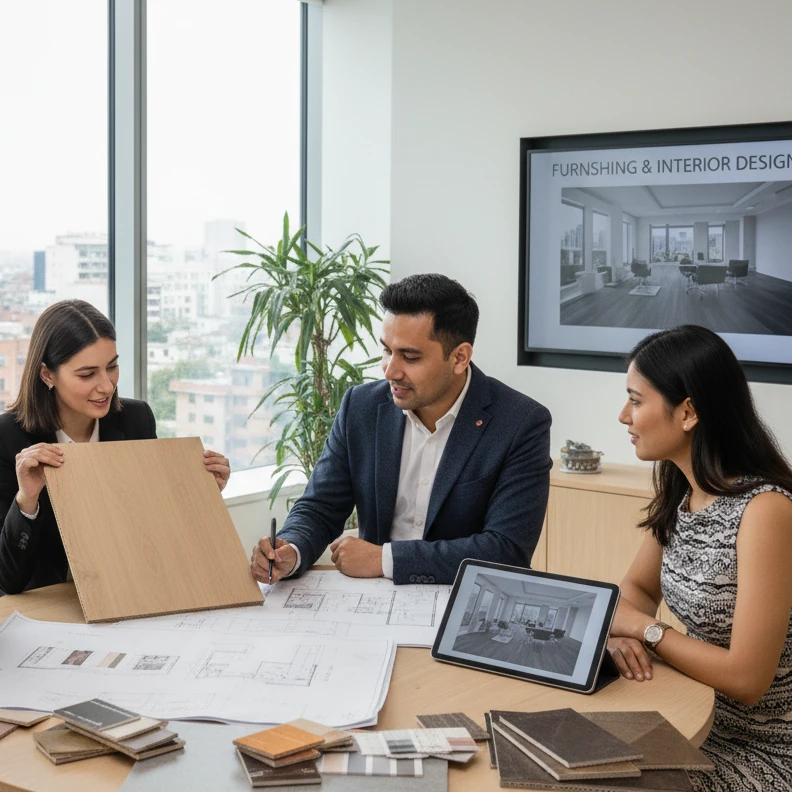 Two people showing designs for flooring and furnishin